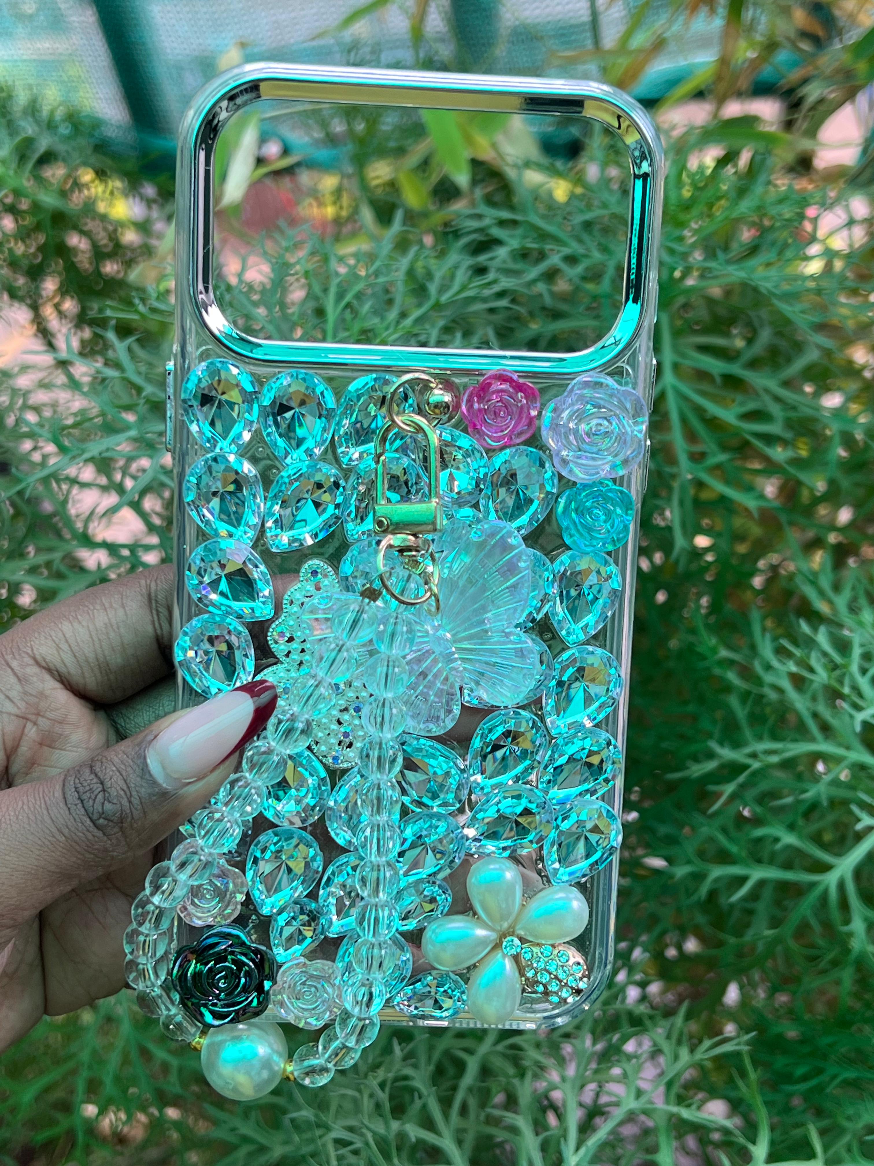 Crystal Charm Luxe Case – iPhone 17 Pro Max (Silver Rhinestone Base with Multicolor Accents)